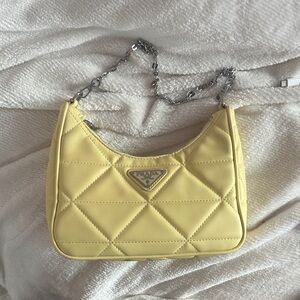 Prada Pale Yellow Quilted Leather Shoulder Bag with Silver Chain